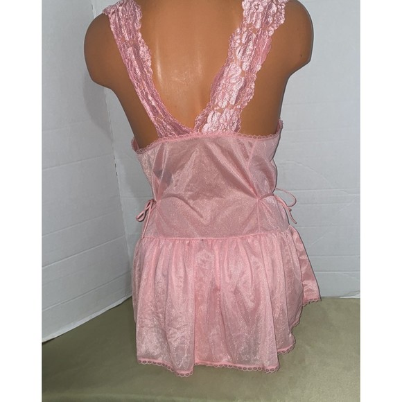 Vintage Silky pink w/ eyelet Babydoll lingerie teddy Romper bodysuit M - Picture 9 of 11